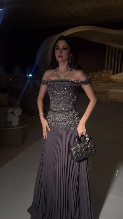 Arabia Elegant Off-the-shoulder Ruffles Shining Crystal Beads A-Line Evening Dress Formal Occasion Gown Party Customized