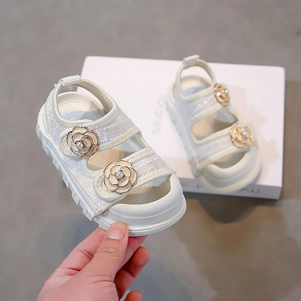Korean Style Summer Sandals For Girls Luxury Pearl Flower Children's Beach Shoes Ergonomics Soft-soled Kid's Girl's Sandals