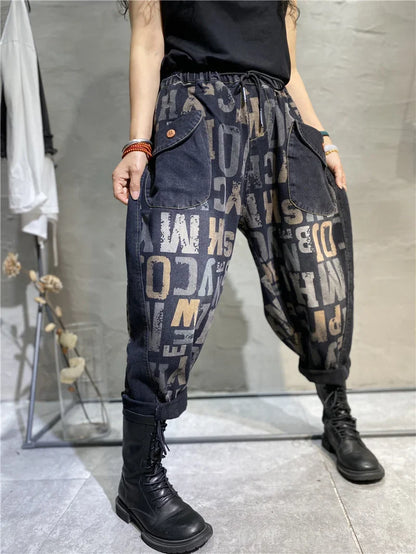 Korean Design Womens Printed Loose Jeans Fall Fashion Letter Elastic Denim Pants Ladies Leisure Punk Harem Trousers