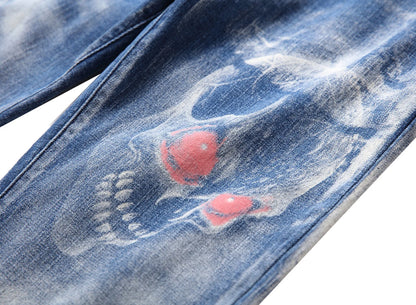 2026 Men's Blue 3D Printing Jeans, Black Wolf Pattern Printed Punk Straight Cotton Casual Print Denim Pants Asian Size 28-42