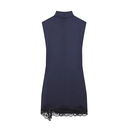 Satin dresses women's clothing fashion back zip hem lace patchwork slit sexy nightclub mini dress chic French Evening
