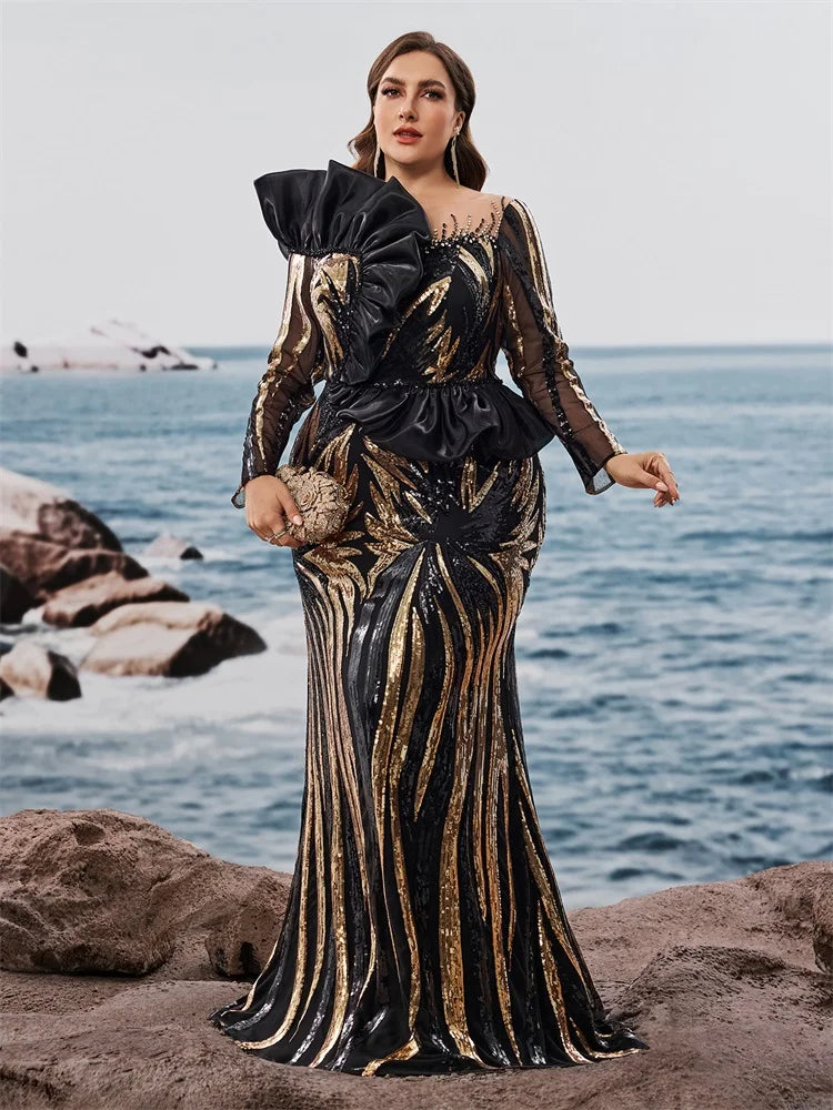 Plus Size Luxury Ruffled Sequins Evening Dresses Elegant Long Sleeve Mermaid Formal Wedding Party Cocktail Gowns