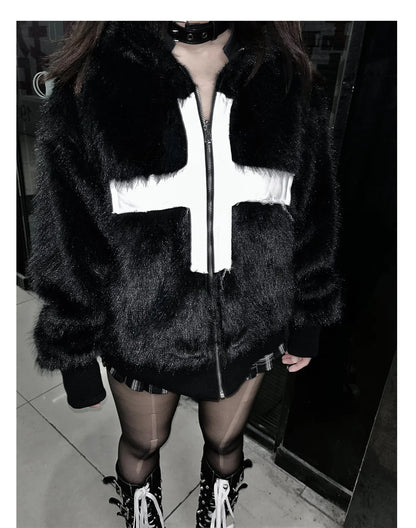 Winter Short Cool Warm Soft Hairy Faux Fur Coat Men with Hood Rivet Luxury Designer Punk Style Clothes Fluffy Jacket