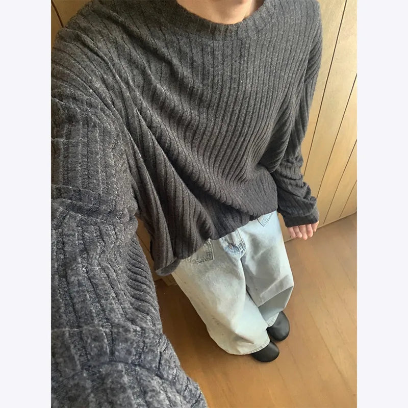 Autumn Long Sleeved T-shirt Men Oversized Fashion Casual Striped T Shirt Men Streetwear Korean Loose Round Neck Tshirt Mens Top