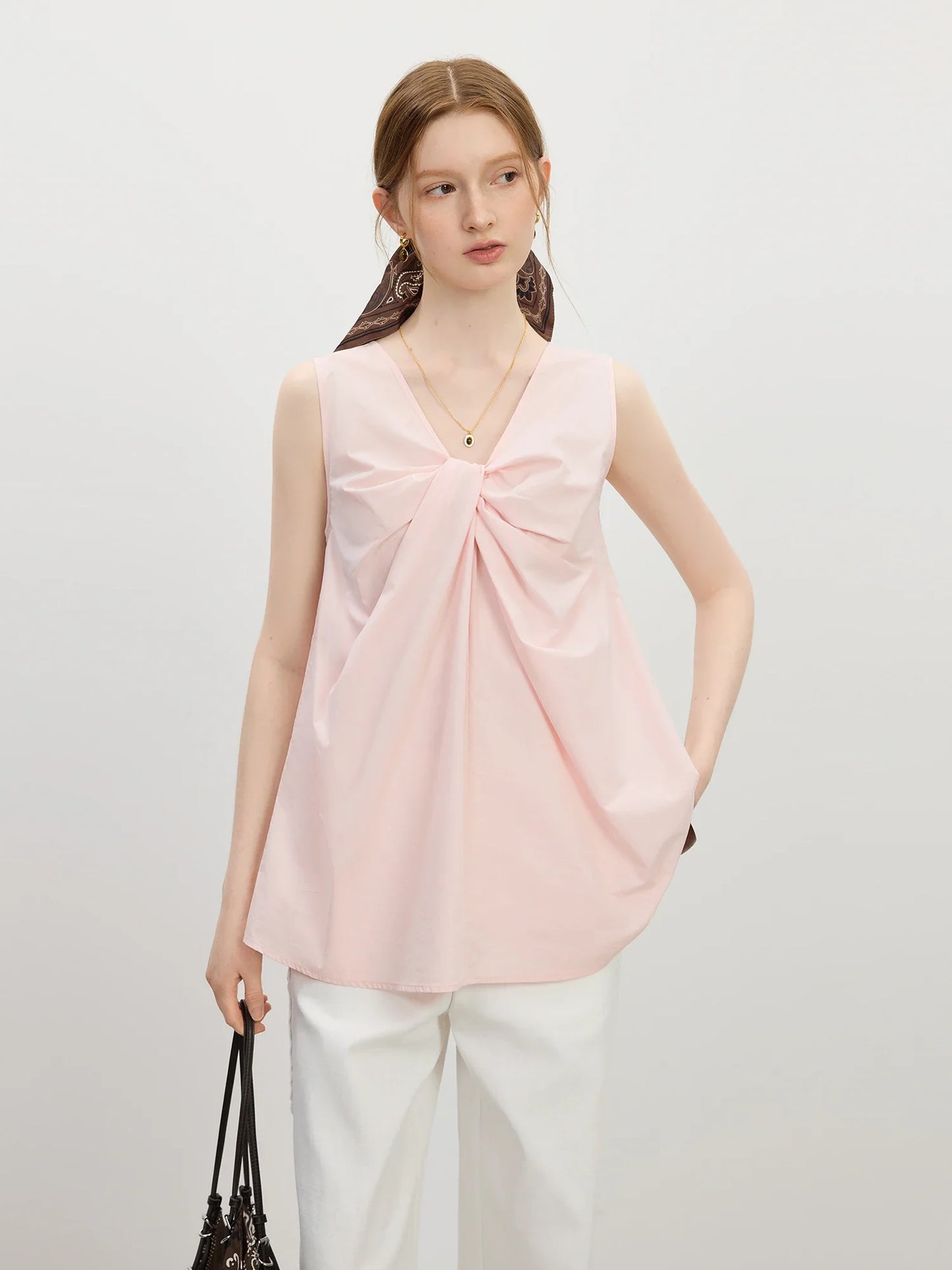 Korean Style Twisted Sleeveless Shirt Female 2025 Summer New V-neck Slim Cotton Pink Top 25FS12743