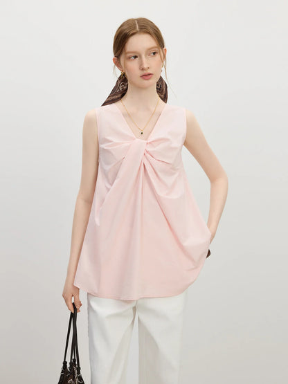 Korean Style Twisted Sleeveless Shirt Female 2025 Summer New V-neck Slim Cotton Pink Top 25FS12743