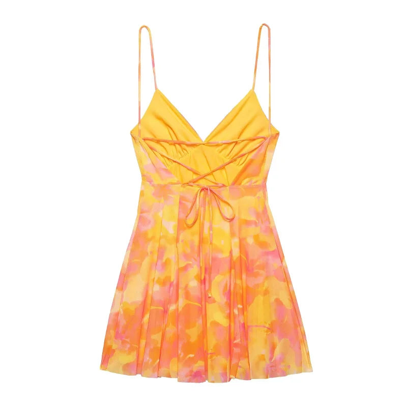 2025 Summer New collection Women's vacation Style printed silk mesh sexy V-neck halter short Dress Hot Girl Dress