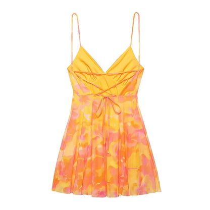 2025 Summer New collection Women's vacation Style printed silk mesh sexy V-neck halter short Dress Hot Girl Dress