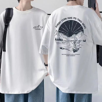Men's Cotton T-shirt Front Back Print Half Sleeve T-shirt Men's Cotton Summer Loose Oversized Casual O-neck Male Tees