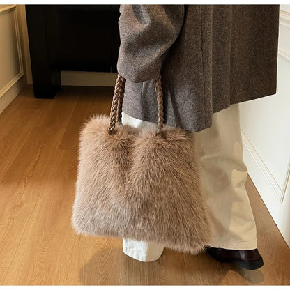 Fashion Women Furry Shoulder Bag Large Capacity Tote Handle Bag for Autumn Winter Outing Commuter Texture Versatile Storage Bags