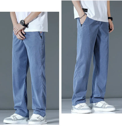Ultra-thin Lyocell Fashion Loose Casual Pants Men Spring Summer Korean Straight Stretch Brand Trousers Male Clothing Wide Pants