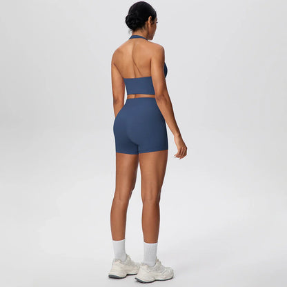 2picese Women Yoga Suit Solid Color High Waist Hip Push Up Fitness Shorts Sexy Pilates Backless Gym Hanging Neck Bra Yoga Set