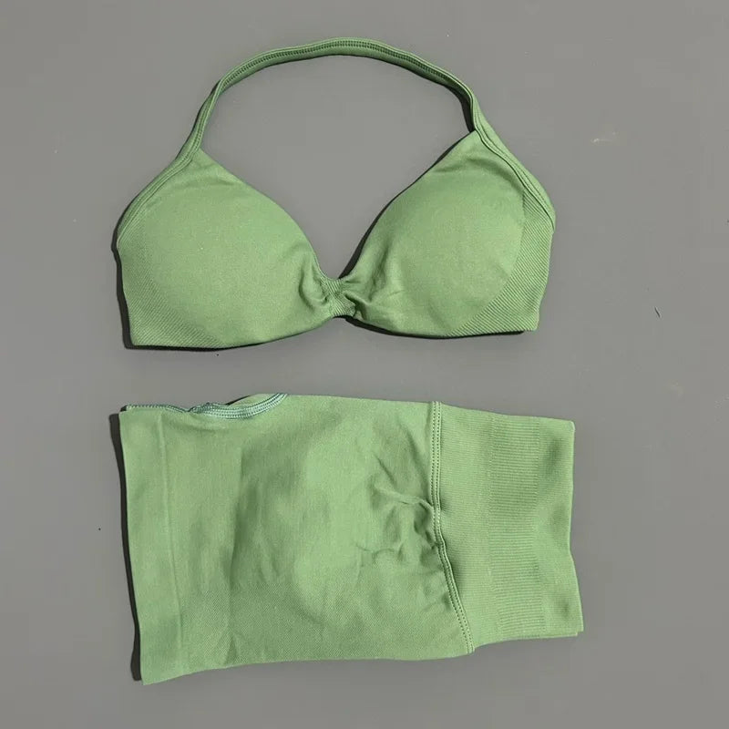 2 Piece Gym Sets Woman Sports Strappy Bra Seamless Set Quick Dry Fitness Squat Proof Shorts Sportswear Running Workout Suit