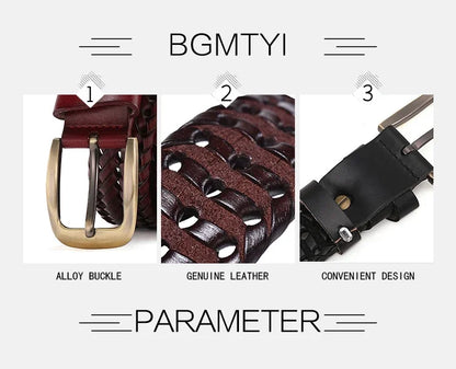 Men Genuine Leather Braided Belts Webbing High Quality Hand Vintage Belts for Men Gold Pin Buckle Casual for Jeans Strap HQ212
