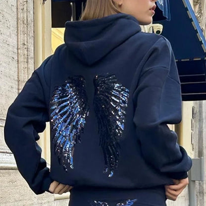 Female Sequined Wing Print Pattern Hoodie Autumn Fashion Classical Hooded Sweatshirt 2025 Loose Elegant Versatile Warm Pullover