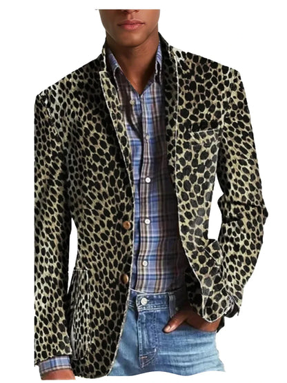 Men's Leopard Print Velvet Blazer Classic Fit Stylish Long Sleeve Notched Lapel Suit Jacket for Nightclub Wedding Streetwear