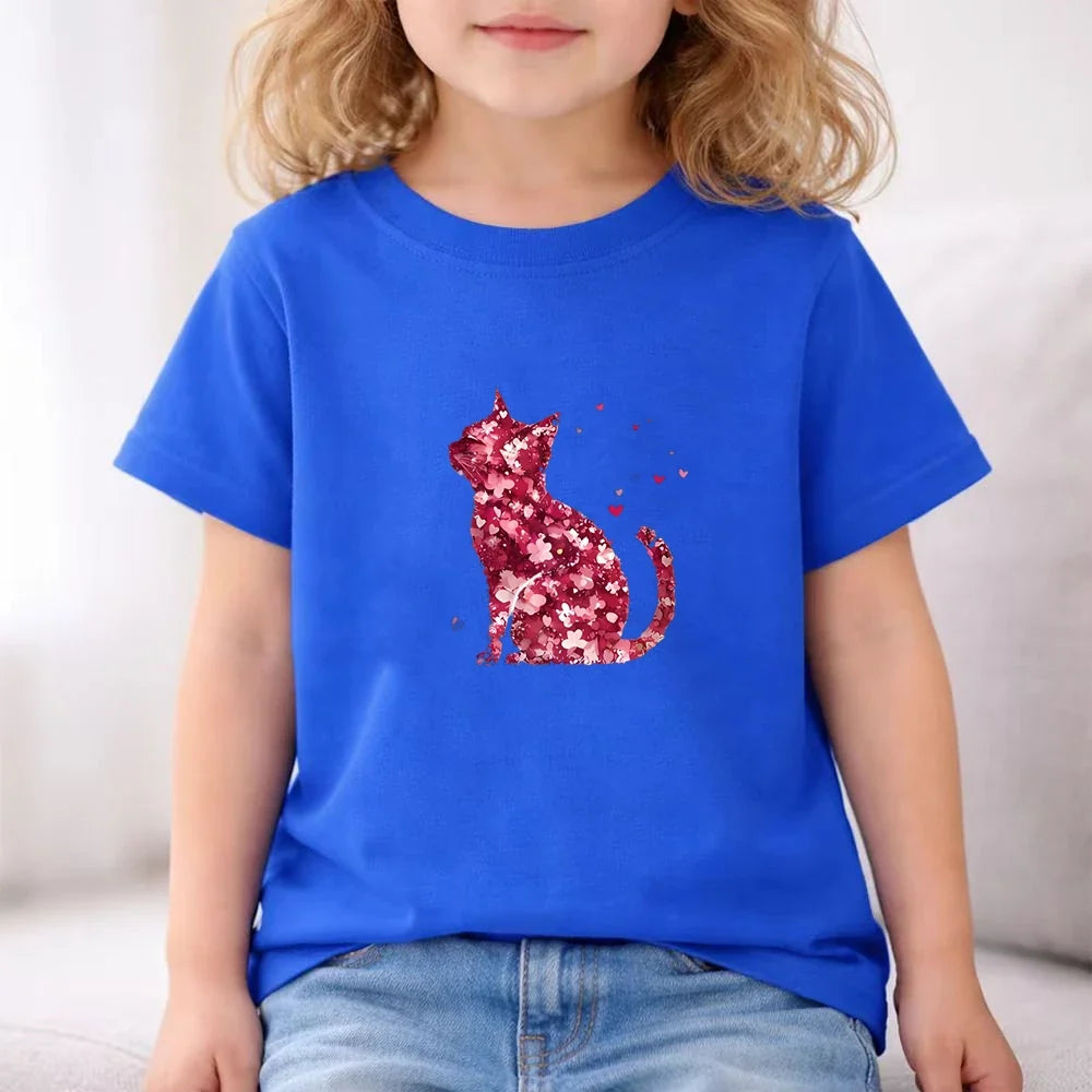 Summer Age 3-12 Girls boy cool breathable Tshirt Children T-shirt+bottom wear Set black 2pcs leisure Kids Set cat Print