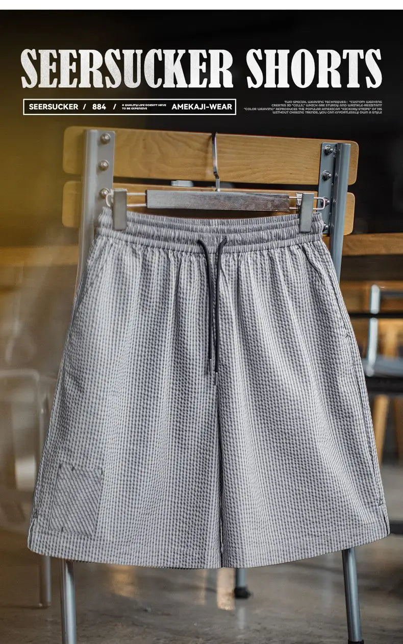 Casual Seersucker Checked Shorts Men's Summer Breathable Office Shorts Elastic Waist Pants Straight Leg Comfortable Bottom