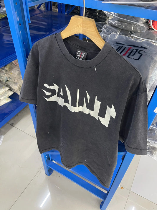 Vintage Saint 25SS High Quality Letter Printed Pattern High Street Casual Loose Cotton T-shirt Washed Oversized Men's Tops