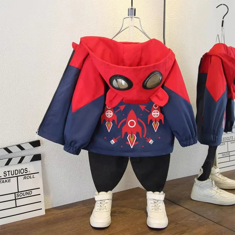 2025 Spring Autumn Kids Jacket Baby Boy Fashion Rocket Print Hooded Zipper Windbreaker Coat Children Clothing Outerwear 2-12 Yrs