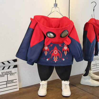 2025 Spring Autumn Kids Jacket Baby Boy Fashion Rocket Print Hooded Zipper Windbreaker Coat Children Clothing Outerwear 2-12 Yrs