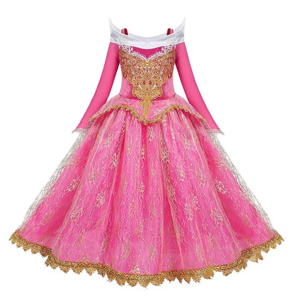 Sleeping Beauty Aurora Princess Dress Cosplay Off Shoulder Kids Gifts Fancy Halloween Party Girl Baby Lace Dress Set