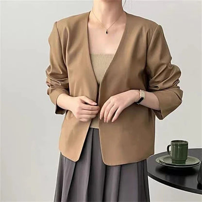 2025 Spring Autumn Fashion New Women's Suit Jackets Solid Short Coats Korean Blazers Long Sleeve Cardigan Coat Without Placket