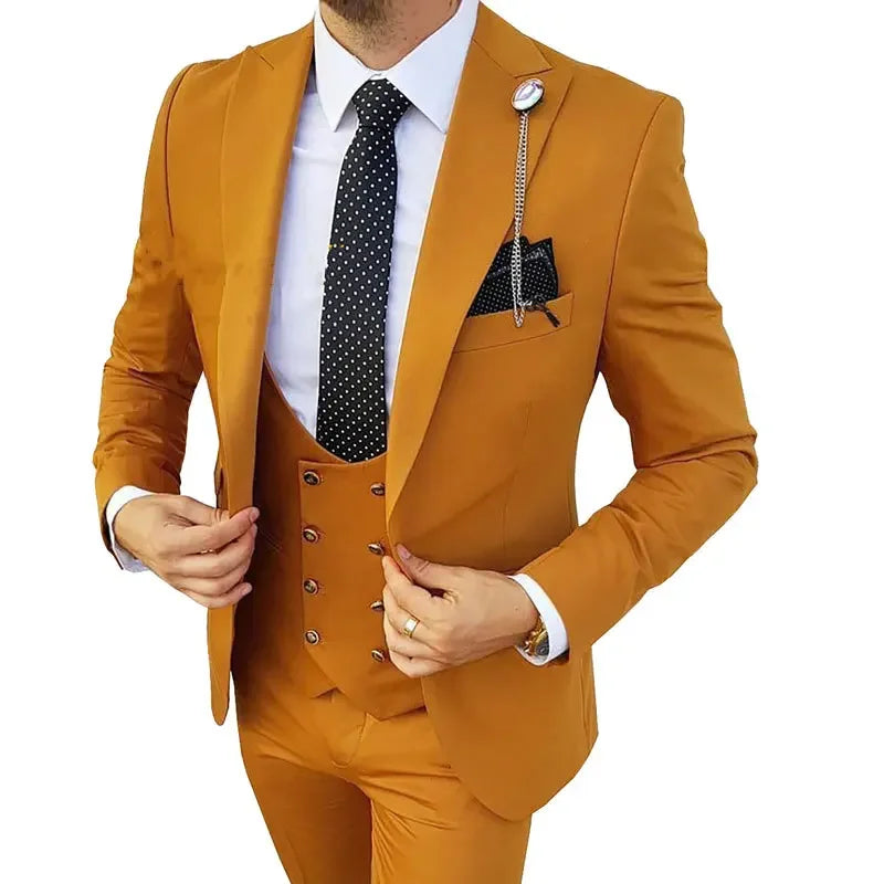 Men Suits 3 Pieces Orange Solid Single One Button Business Slim Fitting Suitable for Wedding Banquet Set Jacket Vest Pants
