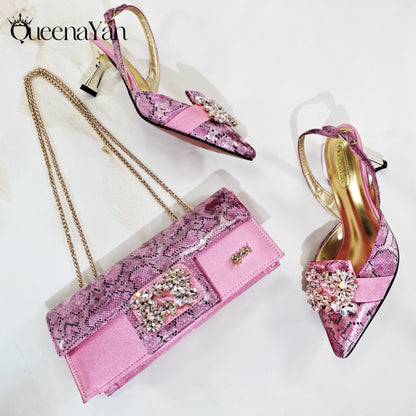 2025 Wine Colour Wedding Women High Heels for Italian Design Shoes and Bag Rhinestone Decorate Pointed-Toe Gorgeous Parties