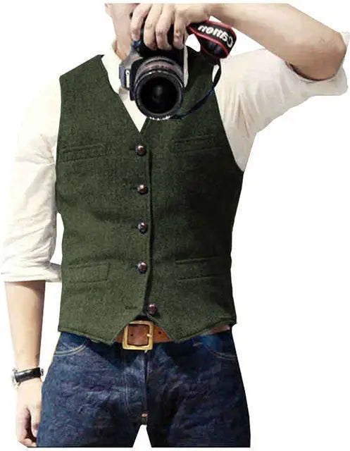 Mens Suit Vest Tweed Retro V Neck Wool Herringbone Waistcoat for Prom Single Breasted Males Dress Suit Vest Plus Size