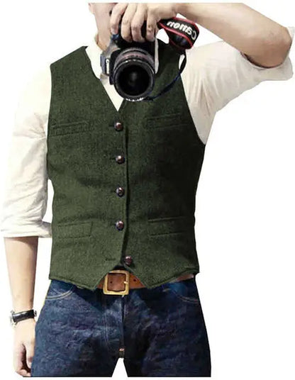 Mens Suit Vest Tweed Retro V Neck Wool Herringbone Waistcoat for Prom Single Breasted Males Dress Suit Vest Plus Size