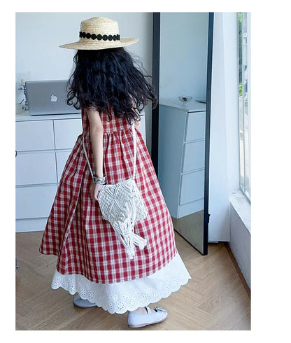 Summer Girls Retro Red Plaid Vest Dress 2-Piece Set Thin French Style Strappy Sundress Casual Vacation Outfit Teen Kids Clothes