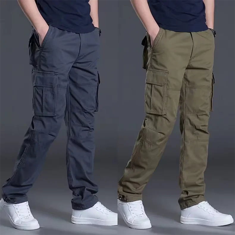 Men's Cotton Work Cargo Pants Tactical Military Hiking Outdoor Pants with 6 Pockets Elastic Waist