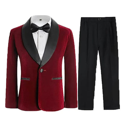 Flower Boys Velvet Jacket Pants Bowtie 3PCS Photograph Suit Kids 1Year Birthday Dress Children Wedding Performance Evening Set