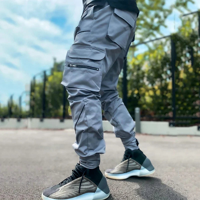 Men's Casual Pants Multi-pocket Cargo Trousers Striped Reflect Sweatpants Breathable Lightweight Jogging Trousers Gym Trackpant
