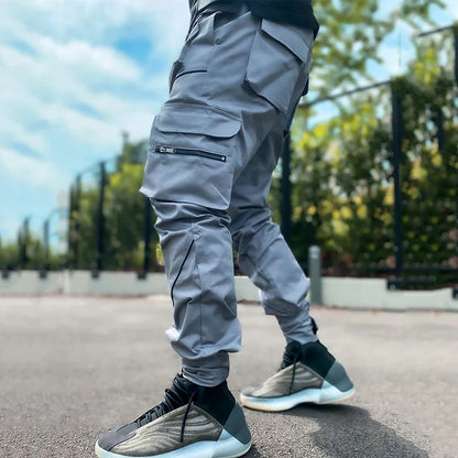 Men's Casual Pants Multi-pocket Cargo Trousers Striped Reflect Sweatpants Breathable Lightweight Jogging Trousers Gym Trackpant