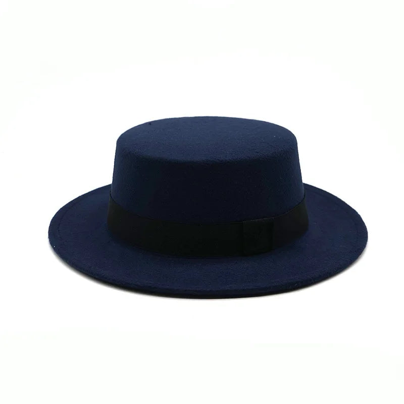 Black Ribbon Flat Top Hat British Retro Style Unisex Wool Fedora Winter Warm Hat