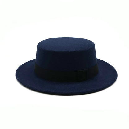 Black Ribbon Flat Top Hat British Retro Style Unisex Wool Fedora Winter Warm Hat