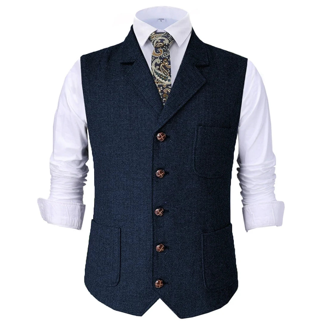 Men Vest Brown Herringbone With Lapel Waistcoat For Wedding Groom Banquet Business Casual Work Men Suit Vest