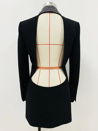 HIGH STREET 2026 Runway Fashion Designer Jacket Women's Stylish Backless Rhinestone Diamonds Beaded Shawl Collar Long Blazer