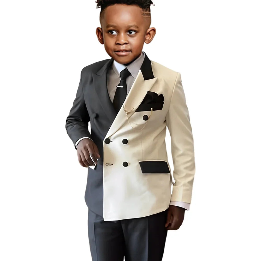Fashionable Colour-blocked Boys Suits 2 Pieces Piano Performance Wear,Double Breasted Kids Tuxedo Sets Wedding Party Outfit