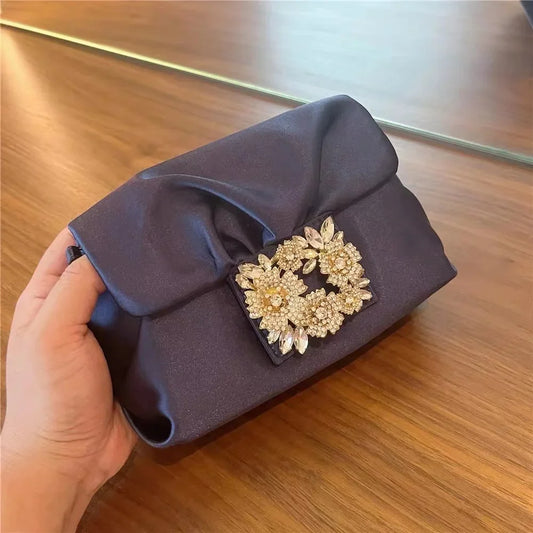Luxury Satin Pleated Cloud Bag Glitter Shiny Diamonds Evening Bag Fashion Women Handbag Wedding Party Clutch Purse Shoulder Bag
