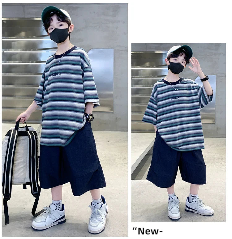 2026 Children Summer Clothes Set for Teen Boy Cotton Striped T-Shirt Shorts Two Pieces Outfit Suit Kids Clothing 5 7 9 11 13 14Y