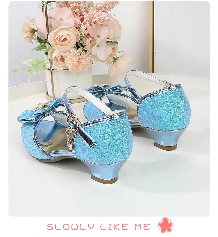 Girls Princess Sandals Summer Open-toe Elegant Children High Heels Fashion Sequins Crown Kids Causal Glitter Wedding Dress Shoes