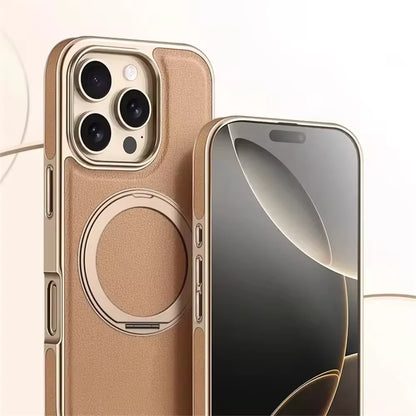 Business Plating Frame 360 Alloy Stand Holder Leather Magnetic Case For iPhone 16 15 14 13 Pro Max Shockproof Cover For Magsafe