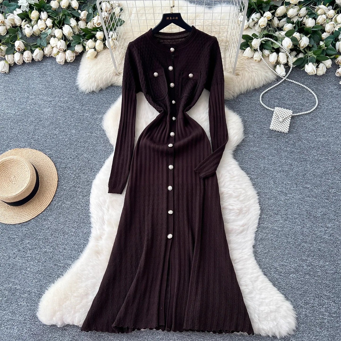 Brand Fashion Aesthetic Patchwork Knitted Maxi Dress Autumn Winter Women Luxury Shirt Sweater Dress Office Lady Vestido