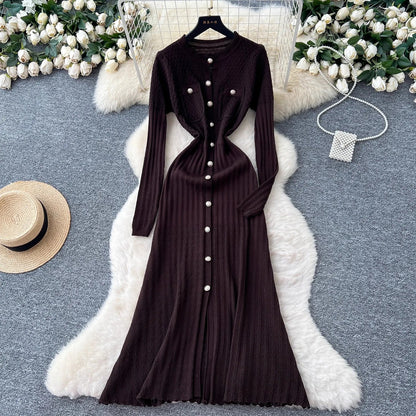 Brand Fashion Aesthetic Patchwork Knitted Maxi Dress Autumn Winter Women Luxury Shirt Sweater Dress Office Lady Vestido