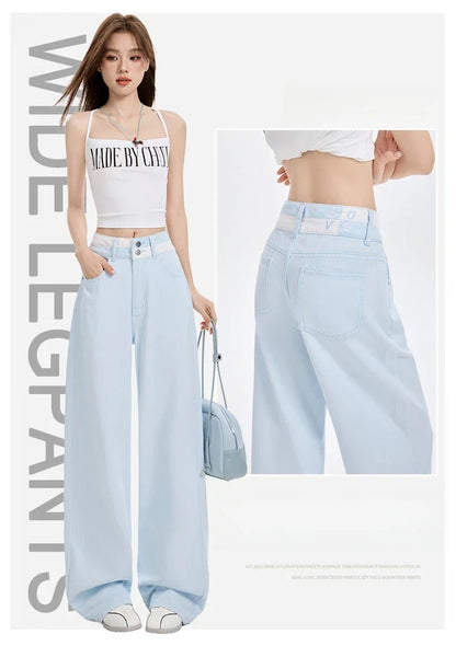 Loose Casual Wide Leg Denim Pants Summer New Thin 100% Cotton Women's High Waist Y2K Contrast Stitching All Match Baggy Jeans