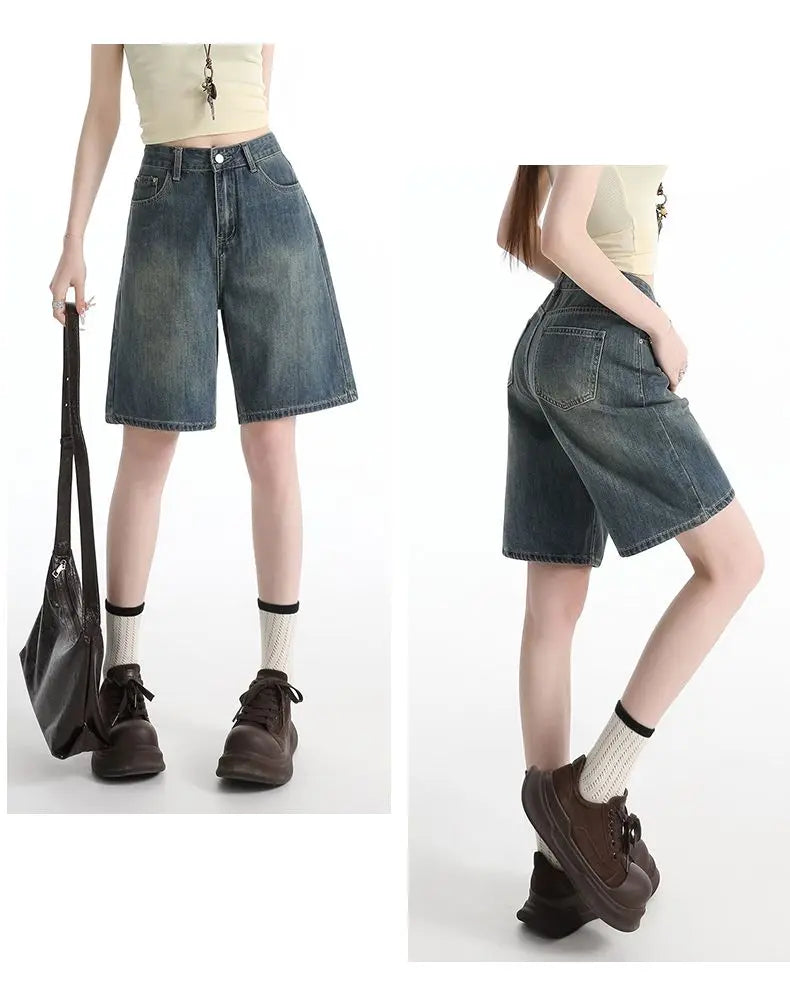 Women's High Waist Wide Leg  Y2K American Retro Washed Five-Point Denim Shorts Summer Loose Slim Straight Cut Mid-Length Pants