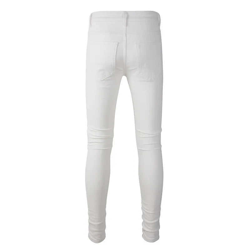 Men's White Stretch Ripped Biker Jeans Slim Skinny Pleated Patchwork Denim Pants